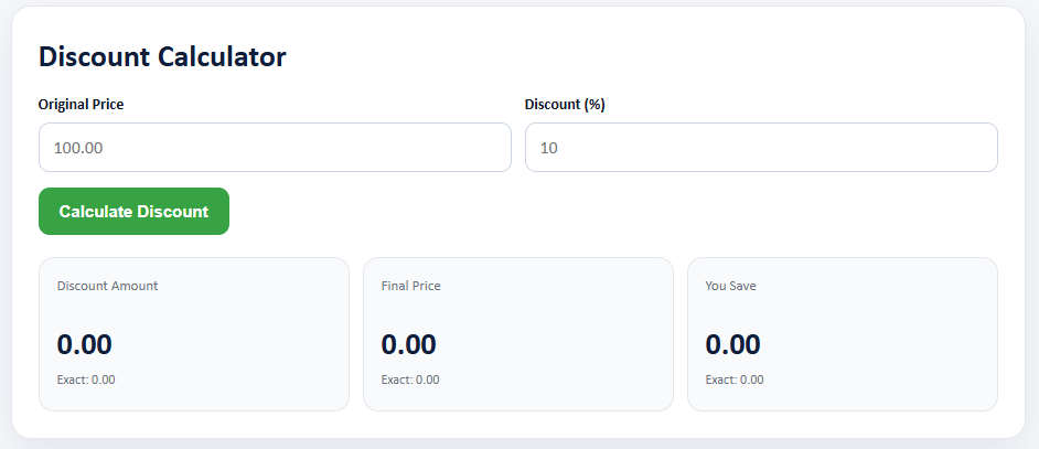 Discount calculator guide showing calculator input and result areas