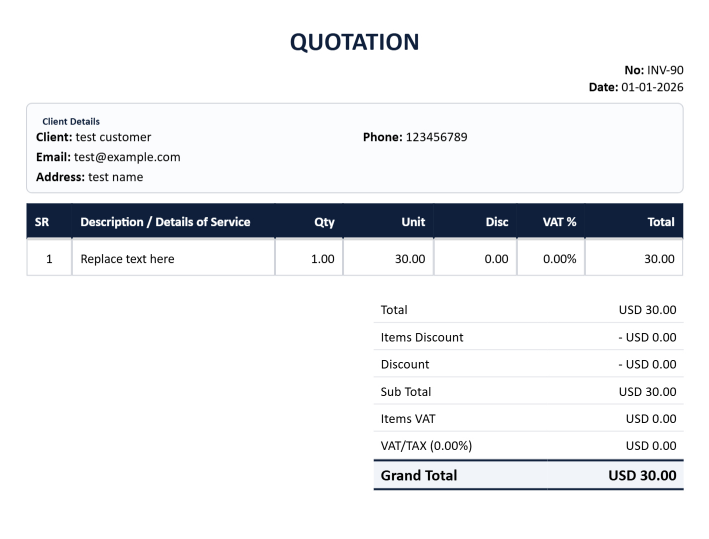 Quotation layout guide showing logo, customer data, item table, total, stamp, and signature areas
